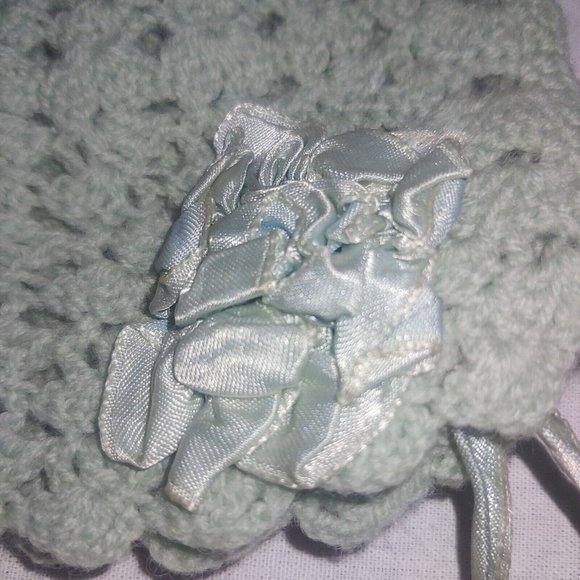 Antique Handknit Baby Hat Blue Satin Ribbon Bows Tie Newborn Small Scalloped - Picture 7 of 10
